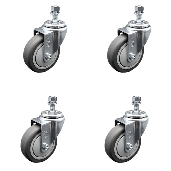 4 Inch SS Thermoplastic Rubber Wheel Swivel 1/2 Inch Threaded Stem Caster Set SCC